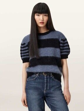 ALL SAINTS Clem Striped Knited Short Sleeve Sweater Black/Blue Size S Org $239